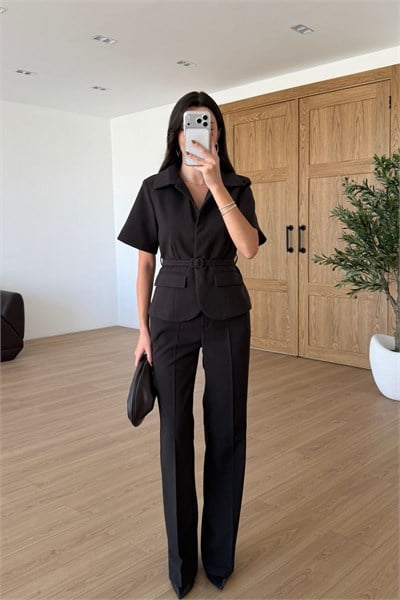 Flora Kahve Kemerli Ceket Pantolon Takım