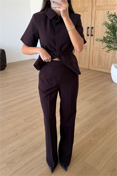 Flora Mürdüm Kemerli Ceket Pantolon Takım