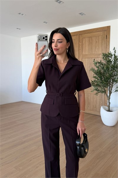 Flora Mürdüm Kemerli Ceket Pantolon Takım