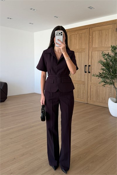Flora Mürdüm Kemerli Ceket Pantolon Takım