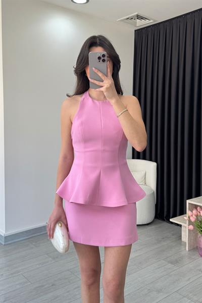 Flora Pembe Volanlı Büstiyer Etek Takım