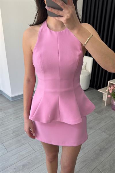 Flora Pembe Volanlı Büstiyer Etek Takım