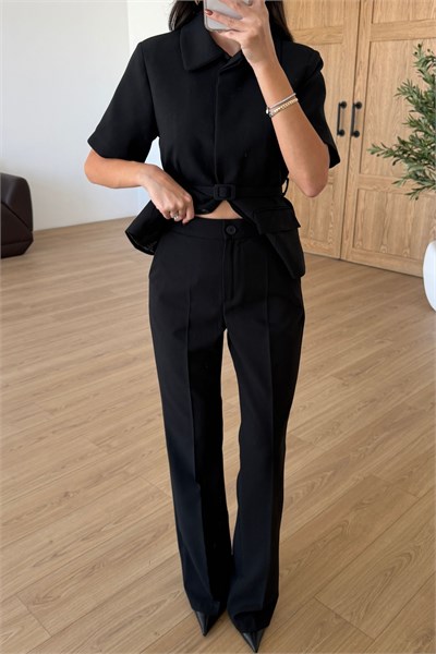 Flora Siyah Kemerli Ceket Pantolon Takım