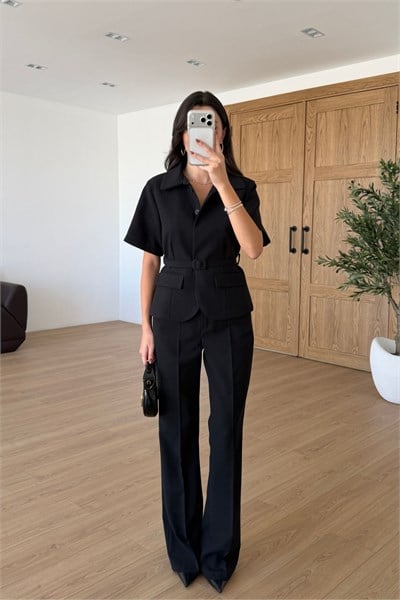 Flora Siyah Kemerli Ceket Pantolon Takım