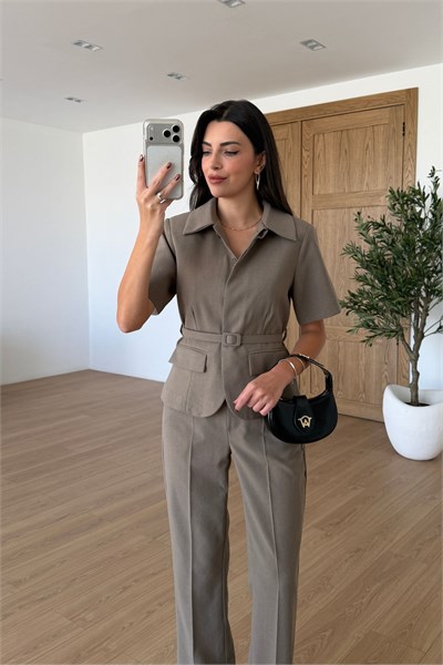 Flora Vizon Kemerli Ceket Pantolon Takım