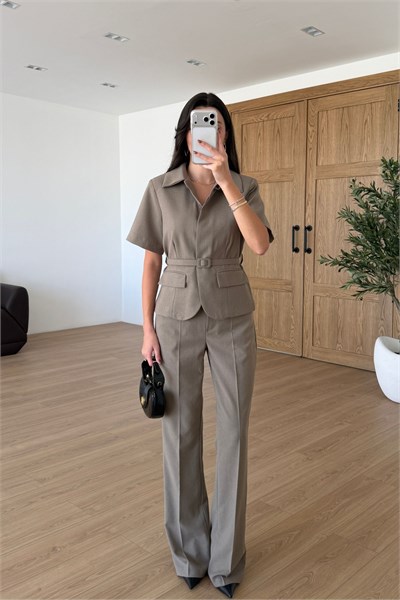 Flora Vizon Kemerli Ceket Pantolon Takım