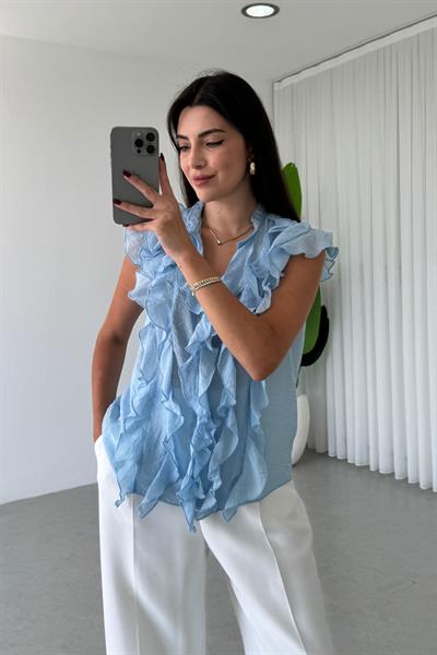 Fona Mavi Sıfır Kol Fırfır Detay Şifon Bluz