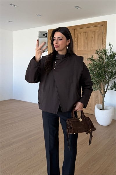Fores Kahve Düğme Detay Kruvaze Ceket