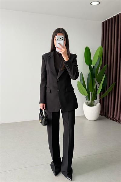 Fores Siyah Belden Oturtmalı Astarlı Blazer