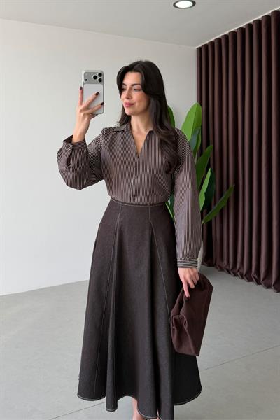 Frame Kahve Midi Volanlı Denim Etek