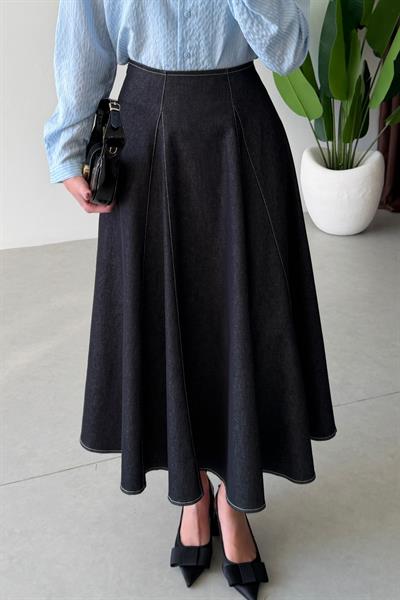 Frame Lacivert Midi Volanlı Denim Etek
