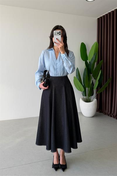 Frame Lacivert Midi Volanlı Denim Etek