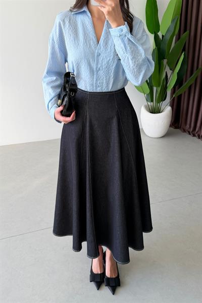 Frame Lacivert Midi Volanlı Denim Etek