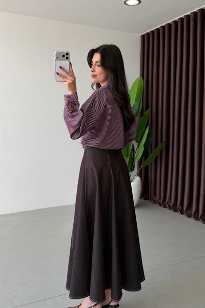Frame Mürdüm Midi Volanlı Denim Etek