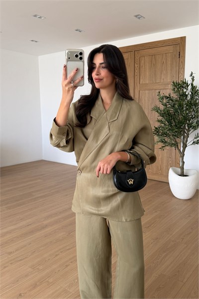 Gigi Haki Viskon Kruvaze Ceket Pantolon Takım