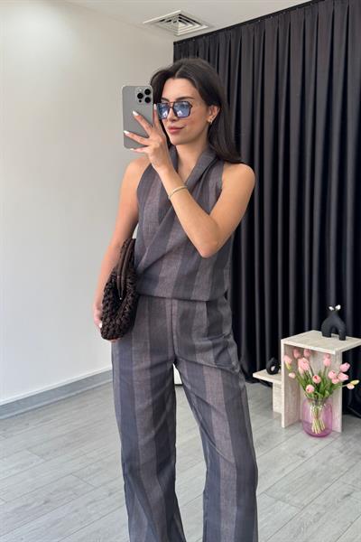 Gina Bağlama Detay Kruvaze Bluz Pantolon Takım