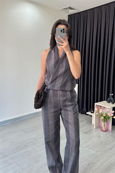 Gina Bağlama Detay Kruvaze Bluz Pantolon Takım