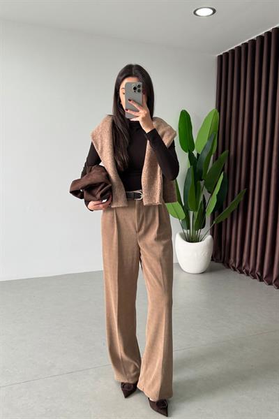 Giza Camel Kemerli Fitilli Kadife Pantolon
