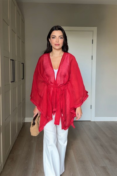 Glow Kırmızı Kuşaklı Tensel Kimono