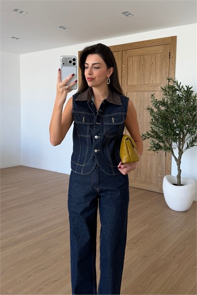 Grid Kontrast Denim Yelek Pantolon Takım