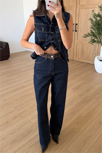 Grid Kontrast Denim Yelek Pantolon Takım
