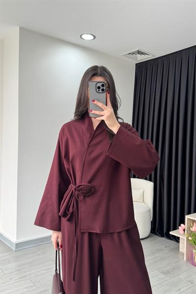 Gül Detaylı Bordo Kimono Pantolon Takım