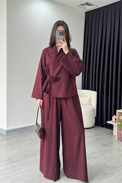 Gül Detaylı Bordo Kimono Pantolon Takım