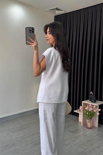 Güneş Düğme Detay Beyaz Keten Yelek Pantolon Takım