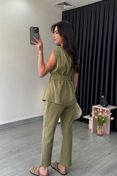 Haki Omzu Burgulu Keten Bluz Pantolon Takım