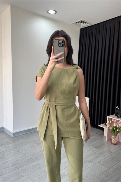 Haki Omzu Burgulu Keten Bluz Pantolon Takım