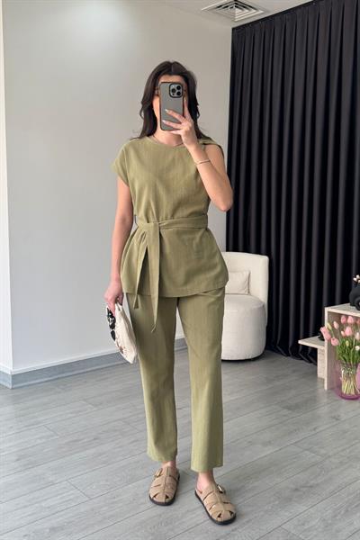 Haki Omzu Burgulu Keten Bluz Pantolon Takım