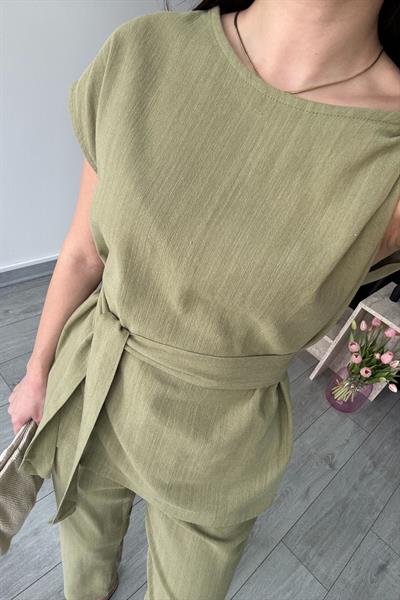 Haki Omzu Burgulu Keten Bluz Pantolon Takım