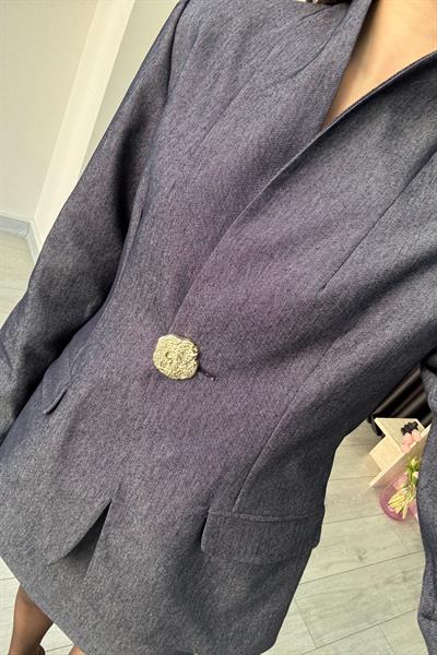 Hakim Yaka Denim Ceket Etek Takım