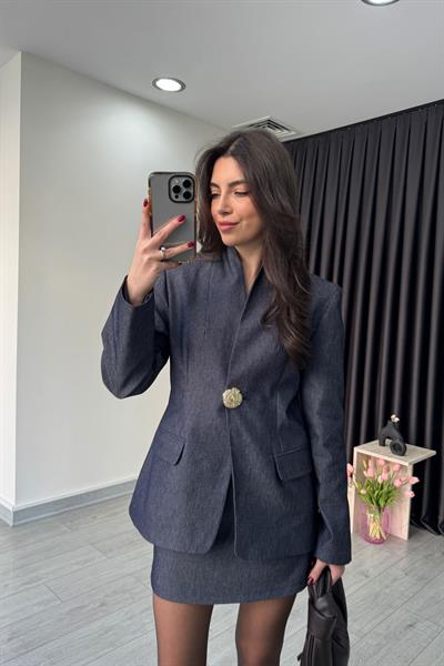 Hakim Yaka Denim Ceket Etek Takım