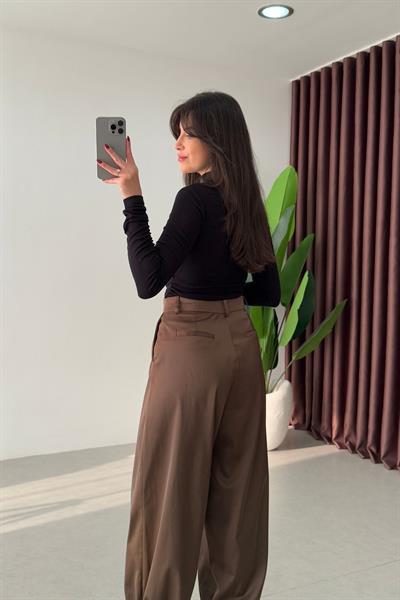 Hedra Kahve Paçası Lastikli Saten Pantolon
