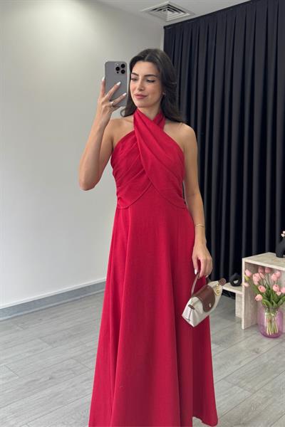 Holy Kırmızı Bağlama Detay Kruvaze Elbise