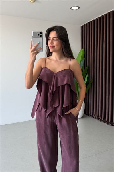 İnos Mürdüm Askılı Bluz Pantolon Takım