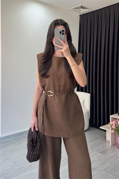 Jade Kahve Müslin Bluz Pantolon Takım