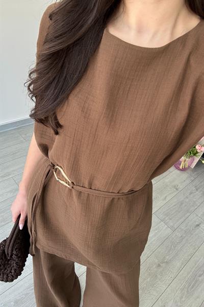 Jade Kahve Müslin Bluz Pantolon Takım
