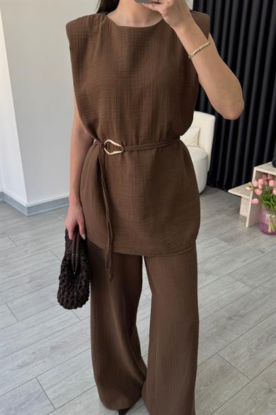 Jade Kahve Müslin Bluz Pantolon Takım