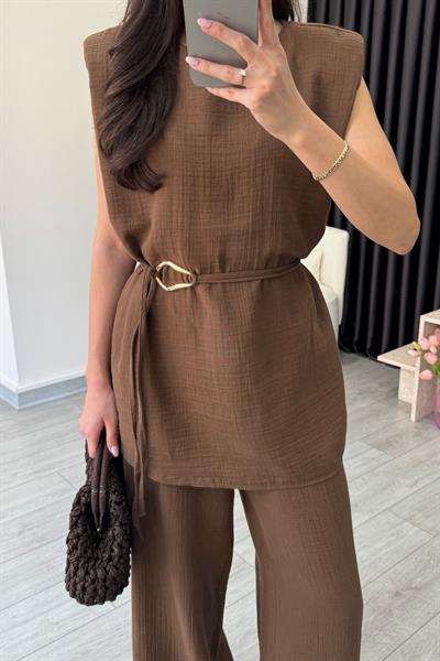 Jade Kahve Müslin Bluz Pantolon Takım