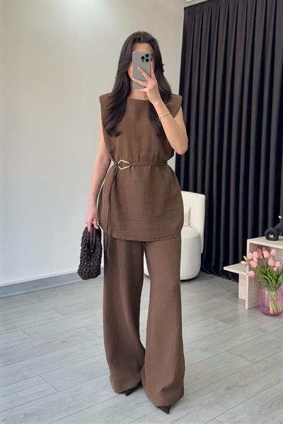 Jade Kahve Müslin Bluz Pantolon Takım