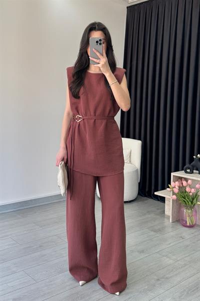 Jade Kiremit Müslin Bluz Pantolon Takım