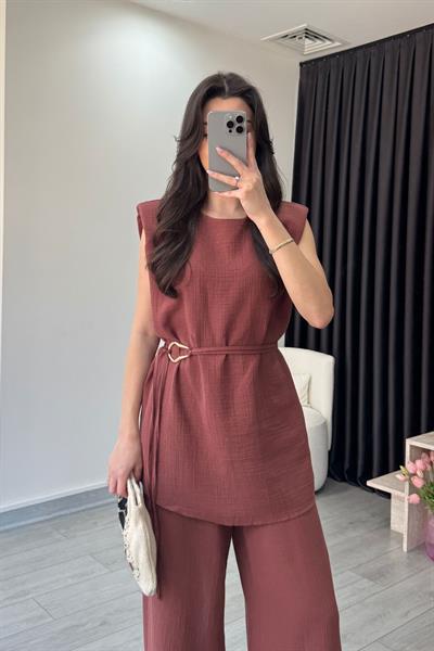 Jade Kiremit Müslin Bluz Pantolon Takım