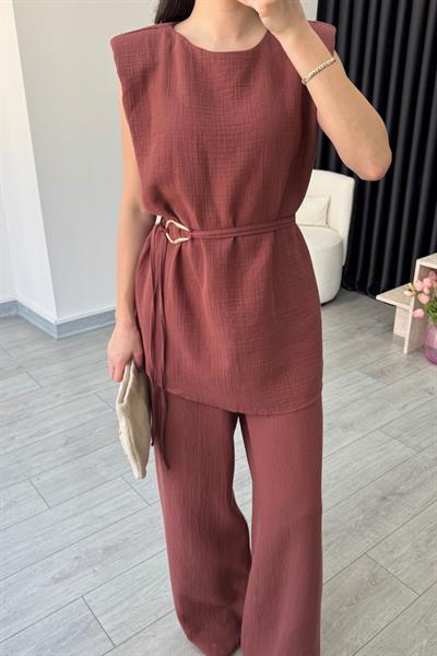 Jade Kiremit Müslin Bluz Pantolon Takım