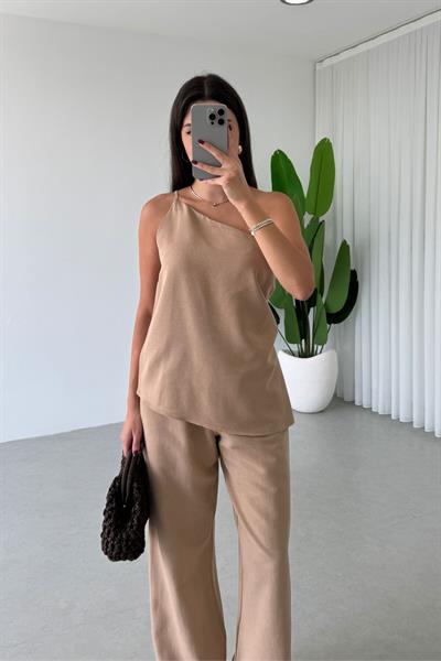 Jasmin Kahve Keten Bluz Pantolon Takım