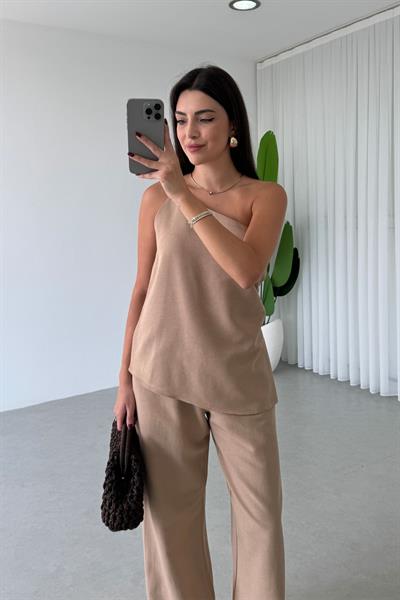 Jasmin Kahve Keten Bluz Pantolon Takım