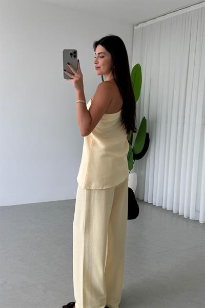Jasmin Sarı Keten Bluz Pantolon Takım