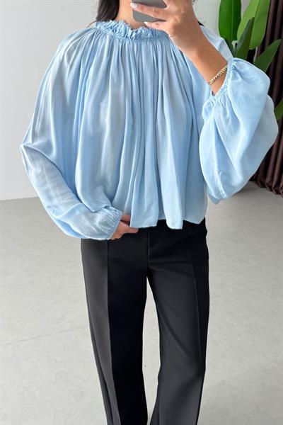 Jesy Mavi Büzgü Yaka Şifon Buluz 
