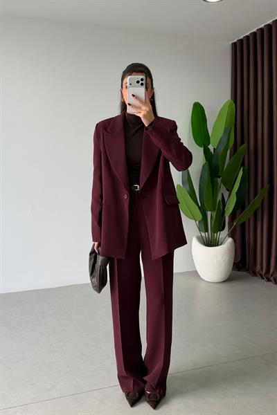 Apeva Mürdüm Oversize Krep Kumaş Blazer